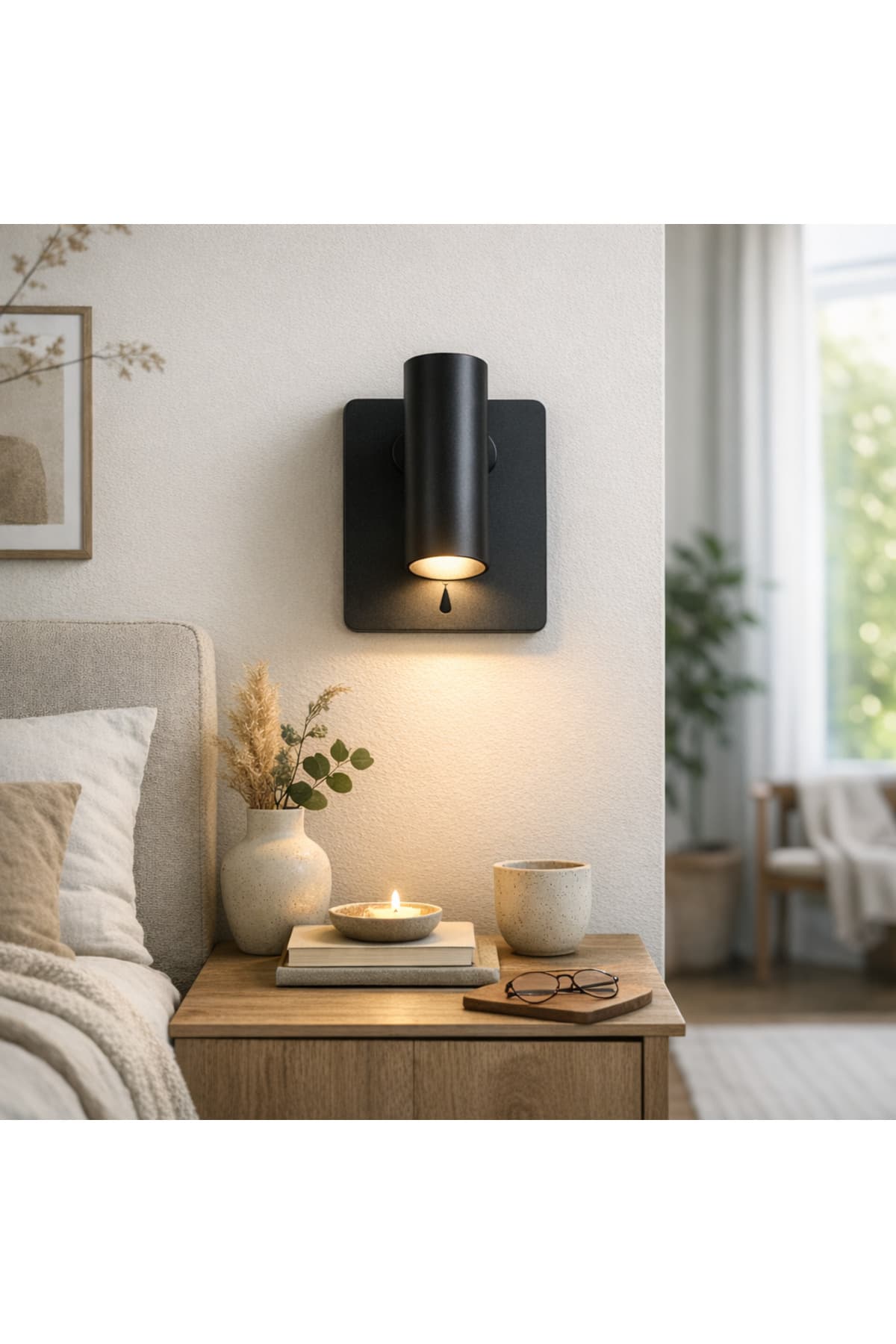 Modern Silindir Duvar Apliği – Siyah Metal Gövde, Aşağı Yönlü Işık | İç Mekân Aydınlatma