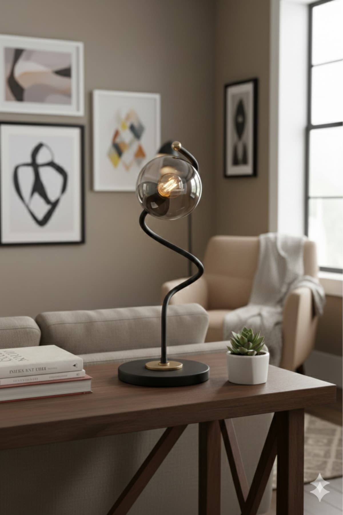 S Tasarım Füme Cam Masa Lambası